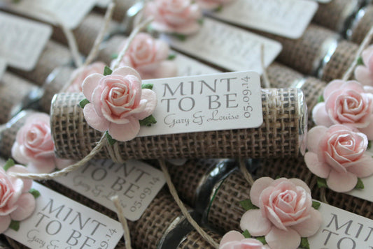 Burlap theme mint favors with pale pink roses, Mint to be personalized tag